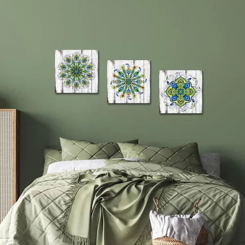 Vista 5 de Biuteawal Arte de pared de mandala para decoración de dormitorio, diseño retro de flores de pavo real, lienzo, cuadros verdes, bohemio, floral