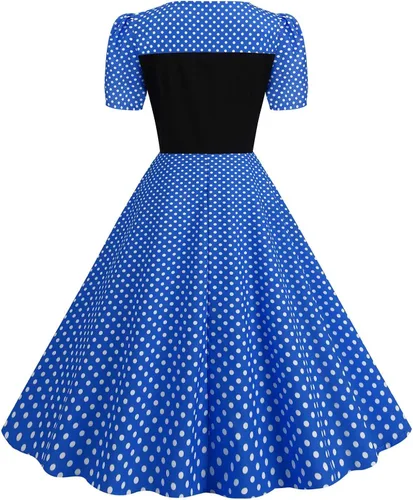 Vista 4 de Vestidos elegantes para mujer, casual, lunares, manga abombada, de un solo botonadura, manga corta, cuello cuadrado, vestido de retazos con vuelo