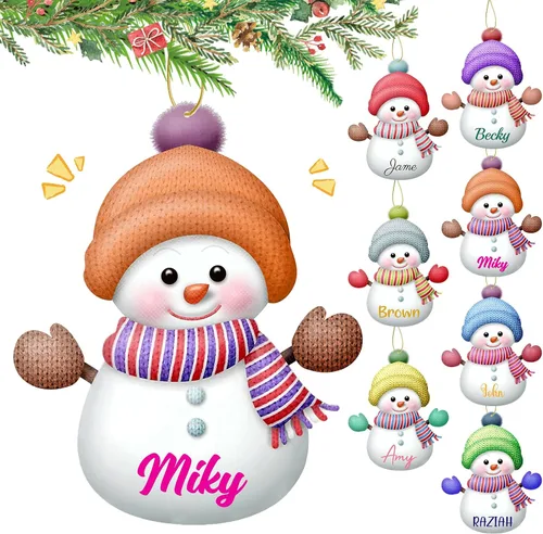 Vista 13 de Adornos de Navidad personalizados con nombre personalizado, muñeco de nieve, nombres de familia, decoración de árbol colgante de Navidad, 7