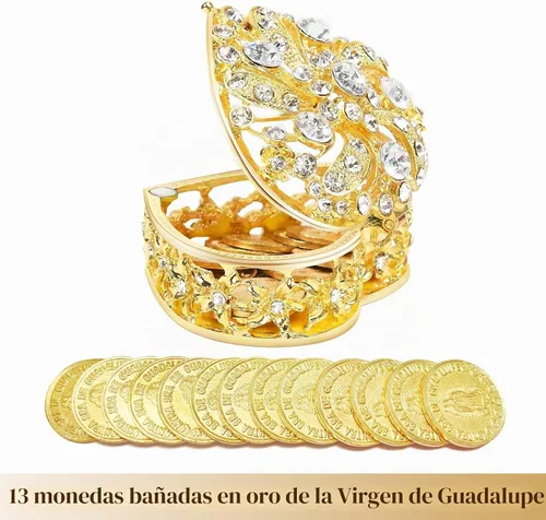 Vista 3 de Juego de monedas Arras de boda – Caja dorada en forma de corazón con 13 monedas de Virgen de Guadalupe, Arras de Boda Cristiana, accesorios de boda