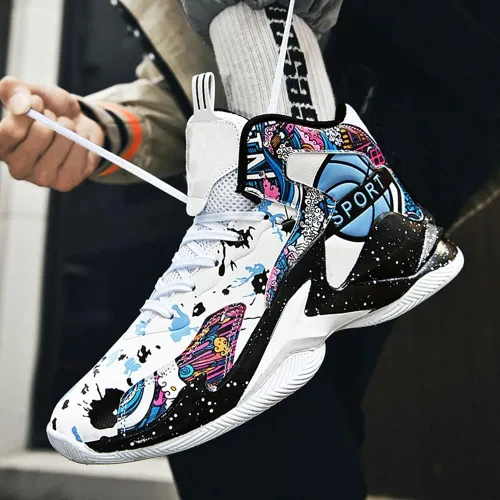 Vista 4 de MAUGELY Zapatillas de deporte de baloncesto para hombre, caña alta, para jóvenes, estudiantes, deportes, ocio, graffiti, zapatillas para correr