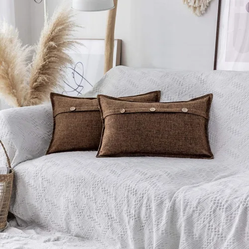 Vista 23 de Home Brilliant Juego de 2 fundas de almohada decorativas con botones, fundas de cojín de lino sintético texturizadas para cama, sofá, banco, 18 x 18