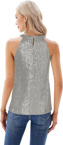 Vista 4 de GRACE KARIN Camisetas halter de lentejuelas para mujer, sin mangas, brillantes, fruncidas, fluidas, brillantes, para club, camisa de fiesta