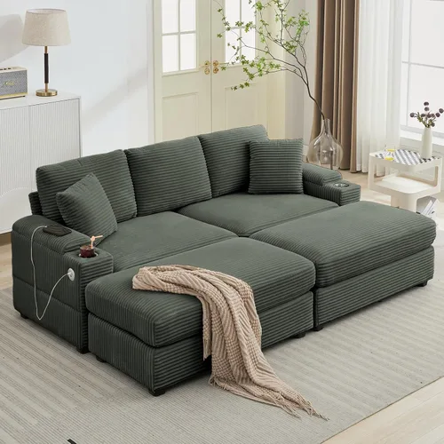 Vista 12 de Sofá seccional de 86.6 pulgadas con 2 otomanas, cómodo sofá convertible modular Cloud tapizado de pana con portavasos y USB, almacenamiento