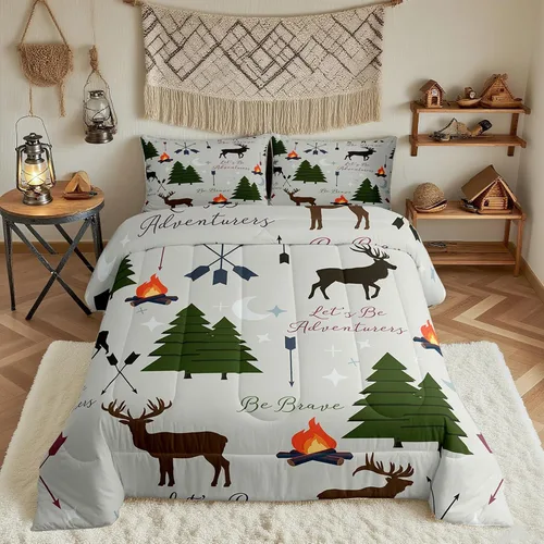 Vista 50 de Juego de ropa de cama Happy Camping de Homewish, tamaño individual, con diseño de osos cazadores y pinos, para niños, hombres, adultos, decoración