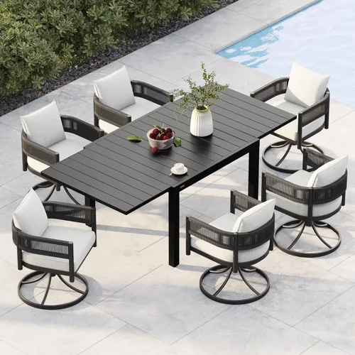 Vista 36 de Juego de comedor al aire libre Grand Patio de 5 piezas para 4, sillas de patio fijas de mimbre tejido metálico con cojines engrosados y 1 mesa