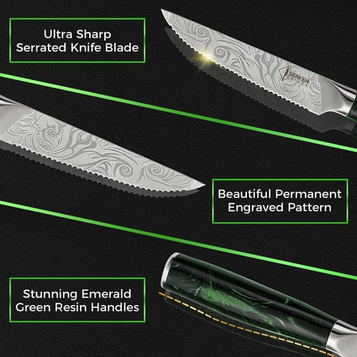 Vista 4 de SENKEN - Juego de cuchillos profesionales para carne con hermoso patrón grabado, colección Wasabi, acero de alto carbono dentado afilado y mango