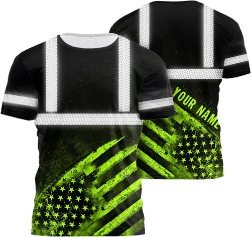 Vista 21 de Camisa de alta visibilidad de calavera con bandera de Estados Unidos para hombres, camisas de seguridad con nombre personalizado, ropa de trabajo