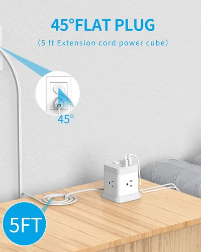 Vista 3 de FDTEK - Tira de alimentación USB C de 2 clavijas, 4 tomas de corriente, 3 USB, cable de extensión de 5 pies, color blanco 2 Prong Desktop Charging