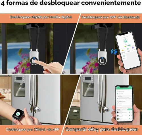 Vista 4 de eLinkSmart - Cerradura de cable de huellas dactilares, cerraduras para nevera con control de aplicación Bluetooth, candado inteligente biométrico