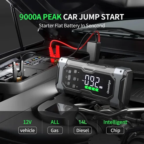 Vista 2 de Arrancador de Coche Mejorado de 9000A con Compresor Inflador/Desinflador de Aire, Cargador de Caja de Arranque Portátil 9 en 1 Paquete de Energía