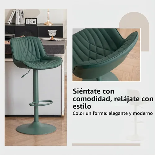 Vista 7 de YOUTASTE Juego de 2 taburetes de bar de piel sintética, todos los taburetes de bar tapizados de color verde oscuro con respaldo, silla giratoria