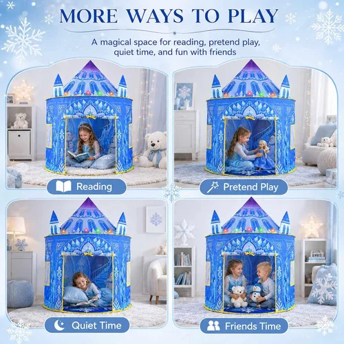 Vista 8 de Amplov Tienda de campaña desplegable de princesa, juguetes de Frozen para niñas, grande de 53" x 41" pulgadas, casa de juegos castillo de hielo