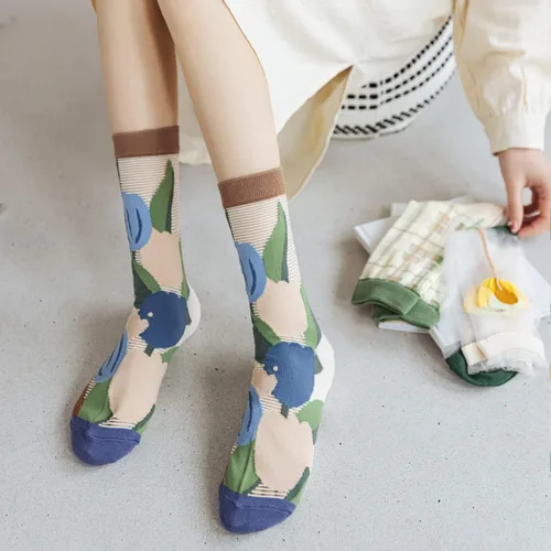 Vista 2 de Yomutiur Calcetines transparentes para mujer, de verano, de malla fina, elástica, jacquard de cristal