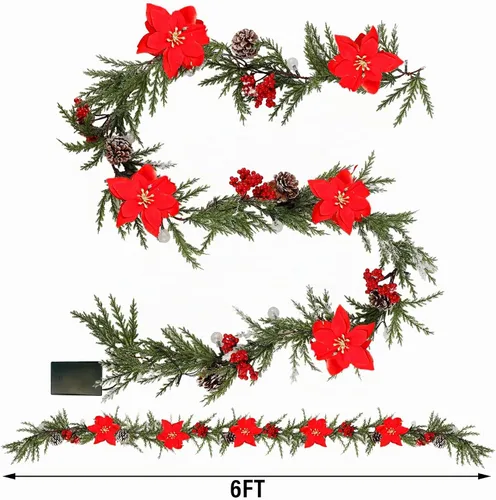 Vista 2 de DR.DUDU Guirnalda de Navidad artificial preiluminada de 6 pies con 20 luces LED, funciona con pilas con piñas, bayas rojas, agujas de pino, corona