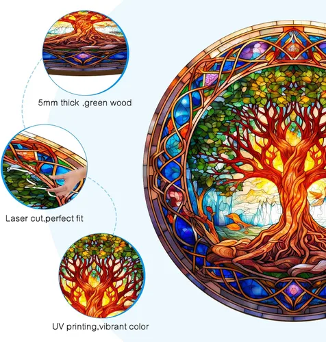 Vista 2 de Rompecabezas de madera para adultos - Rompecabezas de madera de árbol de la vida de vidrio manchado - Rompecabezas de madera con forma única