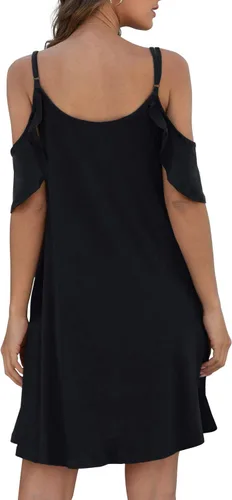 Vista 4 de Jouica Vestido casual de verano para mujer, con tirantes delgados, hombros descubiertos, mangas con volantes, con bolsillo