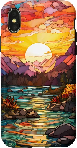 Vista 5 de iPhone 16 Sunset Stained Glass Mosaic Landscape Scene Case