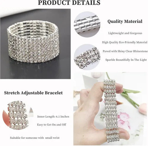 Vista 6 de Juego de 4 pulseras elásticas de diamantes de imitación para mujer, joyería de competición de bikini, plata brillante, para boda, cadena de tenis