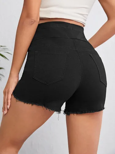 Vista 2 de Verdusa Pantalones cortos de mezclilla de maternidad para mujer, cintura alta, rasgados, dobladillo sin procesar, pantalones cortos de embarazo