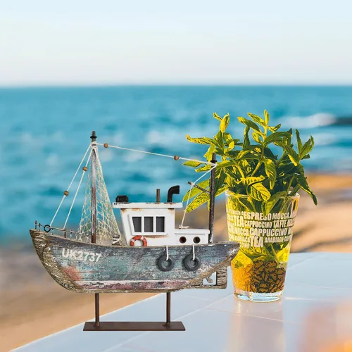 Vista 5 de Decoración de velero de madera Mini barco de vela de madera modelo iluminado Handma De Rústico Vintage Playa Náutico Océano Tema Vela Barco Madera