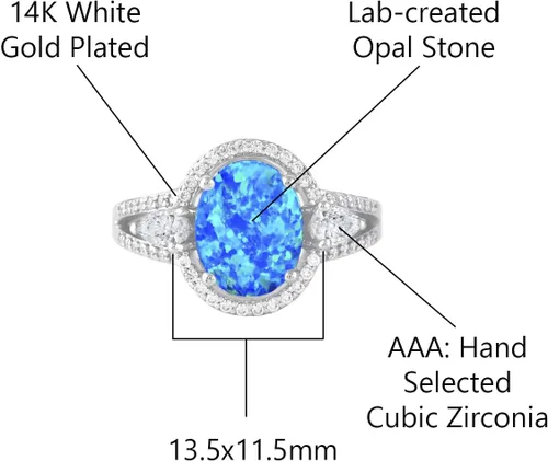 Vista 3 de Savlano Anillo de ópalo azul ovalado chapado en oro blanco de 14 quilates con circonita cúbica para mujeres y niñas, viene con una caja de regalo