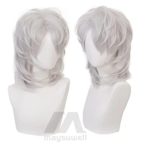 Vista 6 de maysuwell Peluca de anime Rui Cosplay pelucas para Demon Slayer de pelo corto plateado para hombres y mujeres para Halloween, carnaval, fiesta