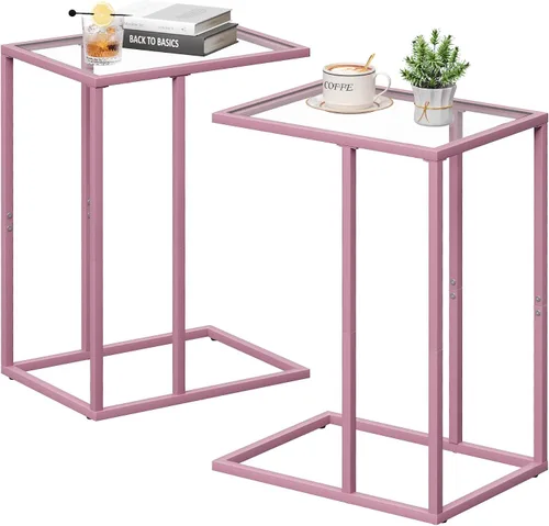 Vista 8 de Mesa auxiliar de cristal en C, mesa auxiliar para sofá, mesa auxiliar de vidrio templado con marco de metal, mesa de bandeja de TV para espacio Negro