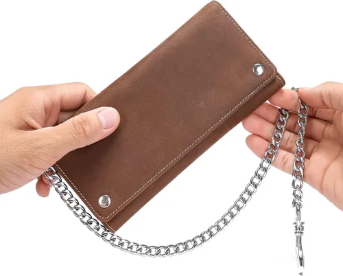 Vista 5 de Cartera de piel auténtica con tres pliegues para hombre con cadena cartera de motociclista con cadena larga y resistente Marrón largo