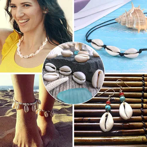Vista 7 de 100 cuentas de concha de cauri, cuentas de concha en espiral natural blanca para hacer joyas, conchas de cowrie de playa de verano
