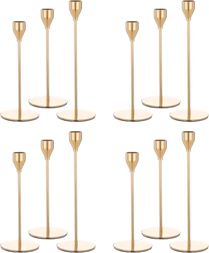 Vista 12 de Juego de 6 portavelas dorados para velas cónicas, portavelas de metal dorado decorativo para bodas, cenas, fiestas, decoración del hogar, se adapta