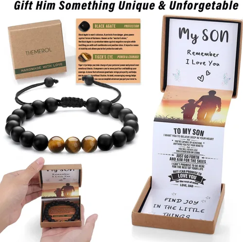 Vista 9 de Pulsera de cristal natural para adolescentes, niños, hombres, caja de regalo extraíble especialmente para hijo, nieto, papá, amor en cumpleaños