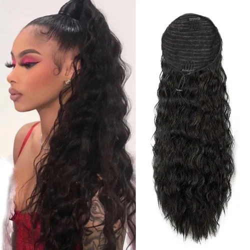 Vista 14 de Extensión de cola de caballo de cabello humano, onda de agua, pasta mágica, ondulado, natural, cola de caballo rizada 100% real, cabello Remy ondas