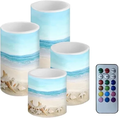 Vista 17 de Velas LED parpadeantes operadas por batería, juego de 4 con control remoto y temporizador, velas de llama danzante, velas de pilar para mesa, Playa