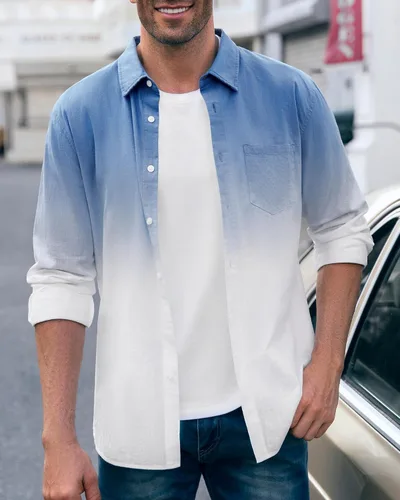 Vista 3 de Camisas de lino degradado para hombre, camisas hippie de manga larga con botones casuales