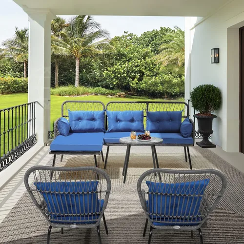 Vista 3 de YITAHOME Muebles de patio en forma de L para exteriores, juego de sofá seccional para patio trasero, porche con cojines gruesos, tumbona gris + azul