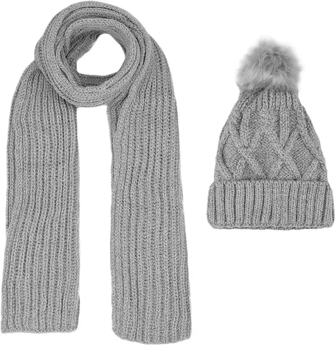 Vista 7 de KRATARC Conjunto de gorro de punto para mujer de forro polar con pompones