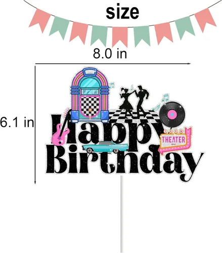 Vista 4 de Decoración de pastel de cumpleaños de disco de los años 50 para niños y adultos de los años 50, suministros de fiesta de rock and roll hop