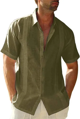 Vista 9 de Ryannology Camisas guayabera de lino de manga corta con botones para hombre, estilo casual, playa, campamento cubano, camisa mexicana para hombre