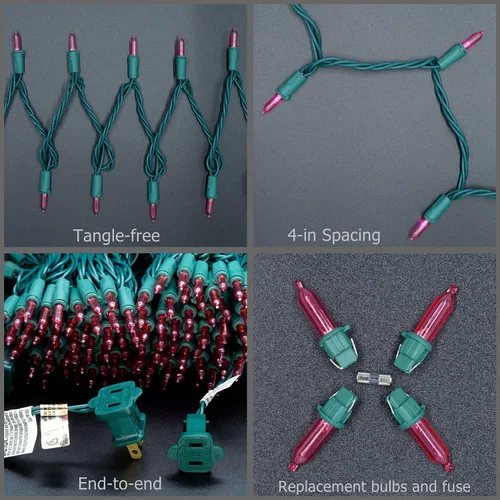 Vista 7 de YULETIME Juego de 200 luces LED de Navidad color rosa, cable verde de 66 pies, certificado UL, grado comercial, juego de luces navideñas (rosa)
