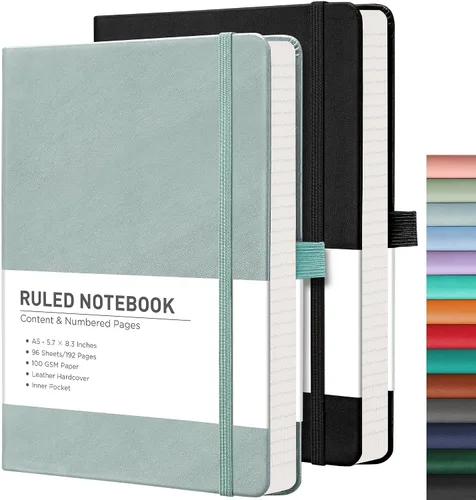 Vista 16 de RETTACY Lined Journal Notebook, 192 Numbered Pages per Pack, 5.7'' x 8.3'' 2-Pack, Leather Hardcover, 100 GSM Thick Paper, for Men & Women, Negro