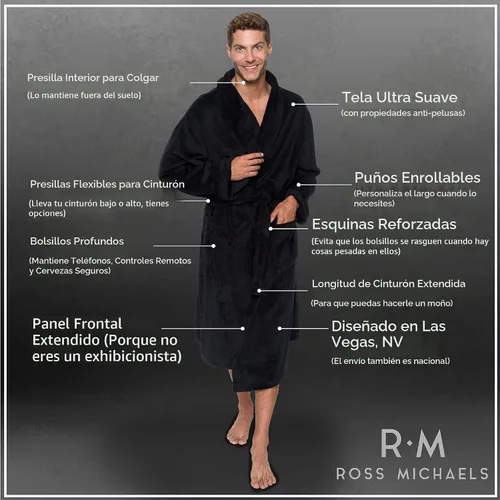 Vista 5 de Ross Michaels Mens Robe Shawl Collar Wrap Style - Mid Length Plush Fleece Bathrobe Negro