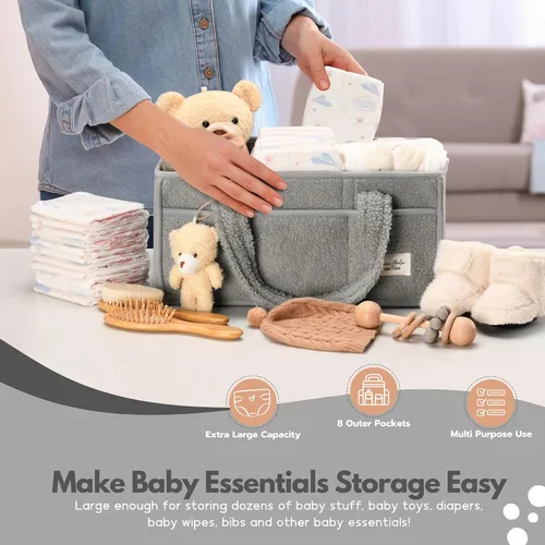 Vista 3 de PeraBella Organizador de pañales para bebé con asa, cesta de regalo de ducha para niños y niñas, cesta de almacenamiento de pañales portátil