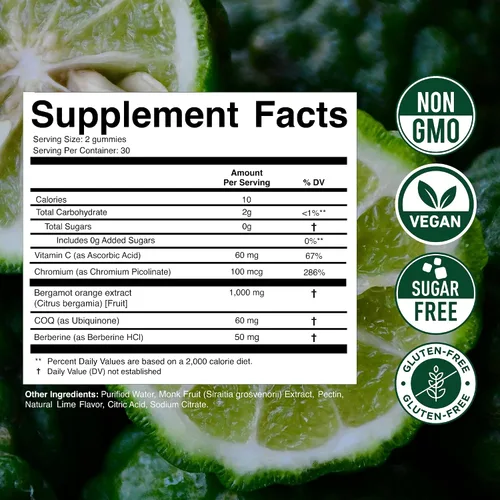 Vista 5 de Gomitas de bergamota cítrica de 1000 mg para mujeres y hombres, extracto de bergamota cítrica con berberina, CoQ10, cromo y vitamina C, apoyo