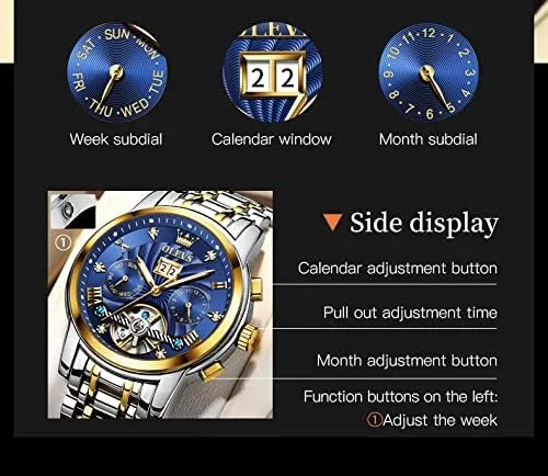 Vista 5 de OLEVS Relojes automáticos para hombres, reloj de pulsera mecánico de esqueleto de lujo dorado con cuerda automática, diamante luminoso, impermeable