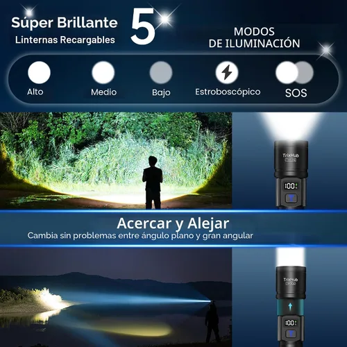 Vista 2 de TrixHub Linternas recargables de alto lúmenes, luz de flash de 5 modos con pantalla digital LCD, linterna táctica ajustable, linterna táctica