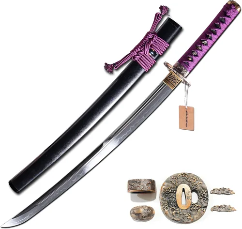 Vista 10 de MURASAME Wakizashi Sword T10 - Arcilla de acero templada real Hamon Full Tang muy afilada