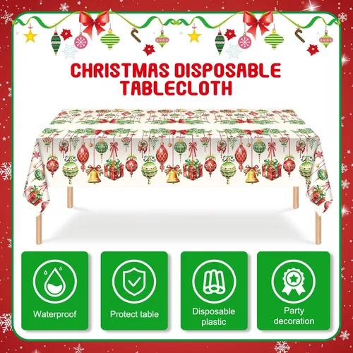 Vista 3 de Frienda Paquete de 3 manteles de plástico para Navidad, mantel de Navidad desechable rectangular para decoración de fiesta de Navidad, suministros