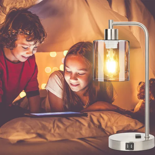 Vista 4 de Juego de 2 lámparas de mesa con control táctil industrial - Lámparas de mesita de noche en níquel cepillado con 2 puertos USB y enchufe de CA