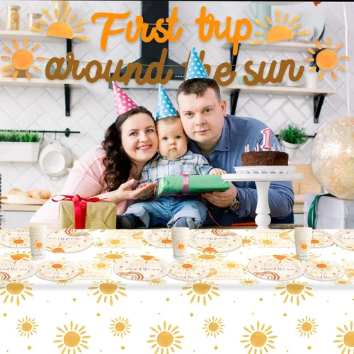 Vista 4 de Decoraciones de cumpleaños de primer viaje alrededor del sol – Decoraciones de primer cumpleaños de arco iris para niñas y niños, platos